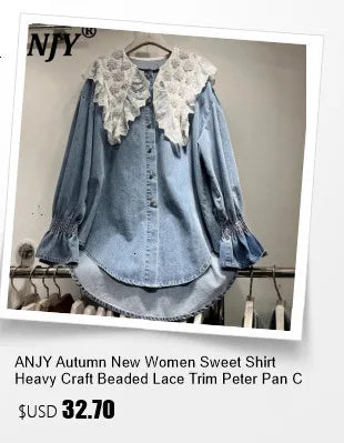 ANJY Autumn New Women Ins Shirt Studded Diamonds Distressed Denim Coat Pockets Single Breasted Elegant Vintage Casual Tops A9973