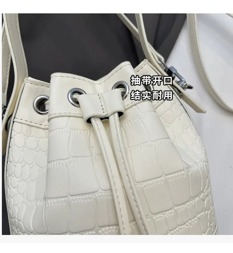 2025 New Trendy Women's Drawstring Tote Bag - Vintage Stone Texture Crossbody Satchel with Retro Minimalist Design