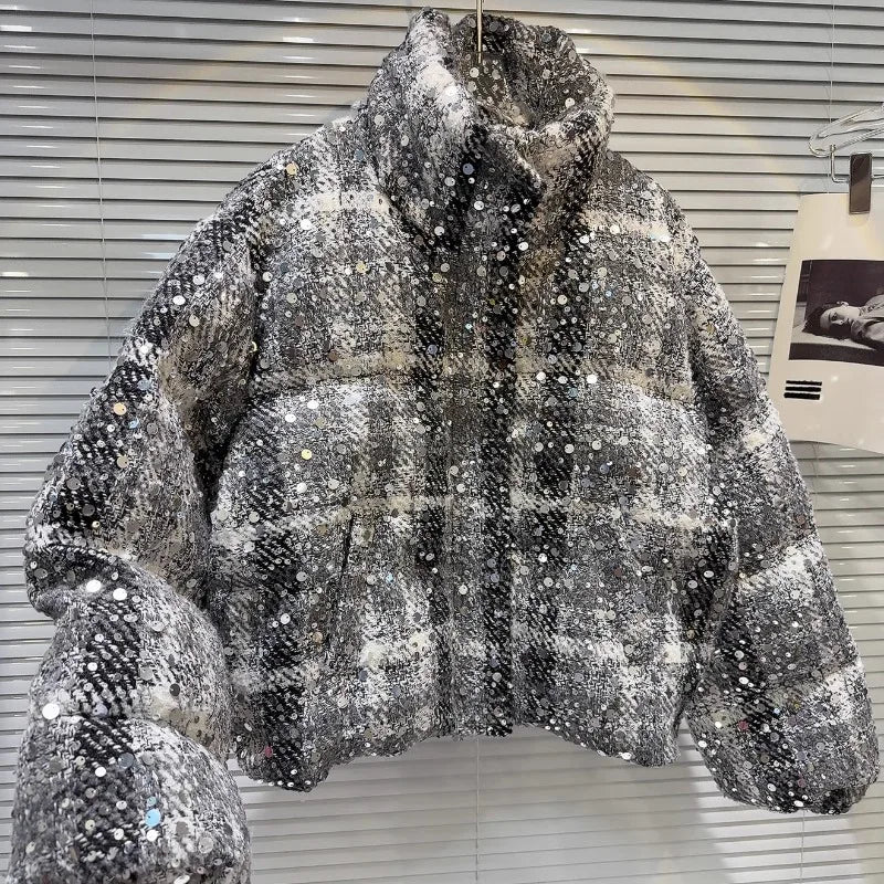 Autumn Winter New Unique Design Parkas Top Sequined Tweed Heavy Industry Soft Girls Warm Bread Jacket Down Coat Women's Clothing