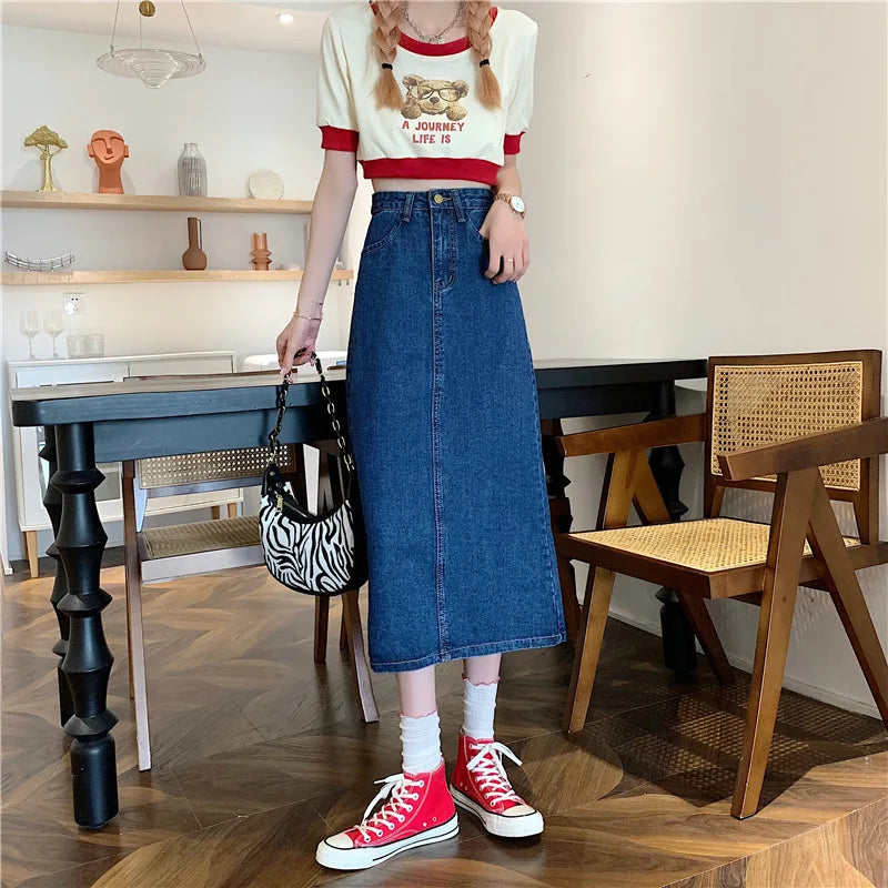 New 2022 Spring-Autumn Medium-Length Denim Skirt For Women High-Waisted Slimming Plus Size Curvy Girls A- Line Hip Covering Skir