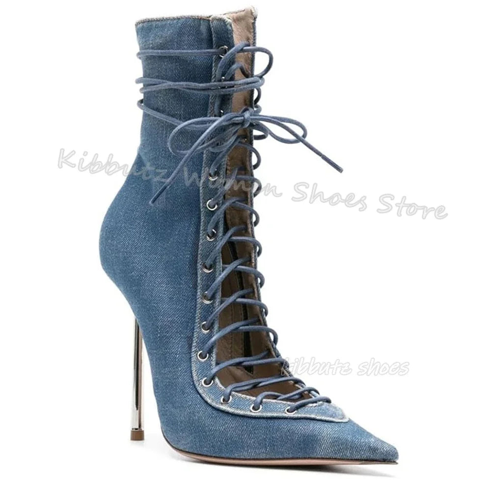 Lace-Up Hollow Knee High Boots Luxury Leather Solid Color Elegant Concise Fashion Sexy Pointed Toe Metal Thin Heels Women Shoes