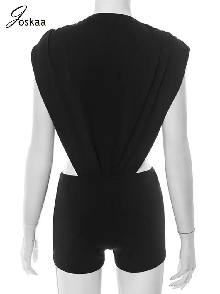 Joskaa 2025 Women's Black Two Piece Set Sexy Crew Neck Sleeveless Side Cutout Bodysuits and Bodycon Shorts Suits Y2K Streetwear