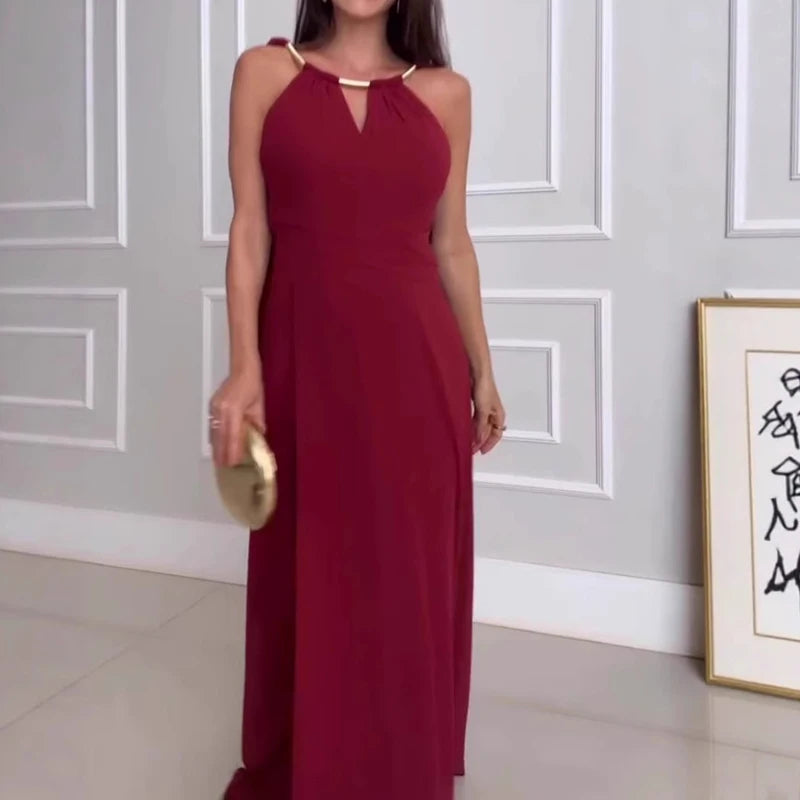 New 2025 Chiffon High Waist Pleated Long Dress Women's Fashion Cocktail Dress Elegant O-neck Flying Sleeves Solid Evening Dress