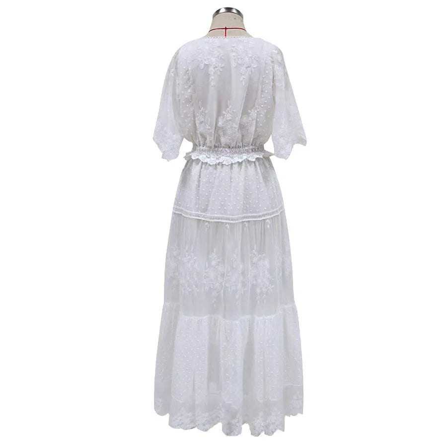 Summer Women V-Neck Embroidery Slim-Fit Short Sleeve Long Dress Beach Bohemian Wedding White Lace Dress
