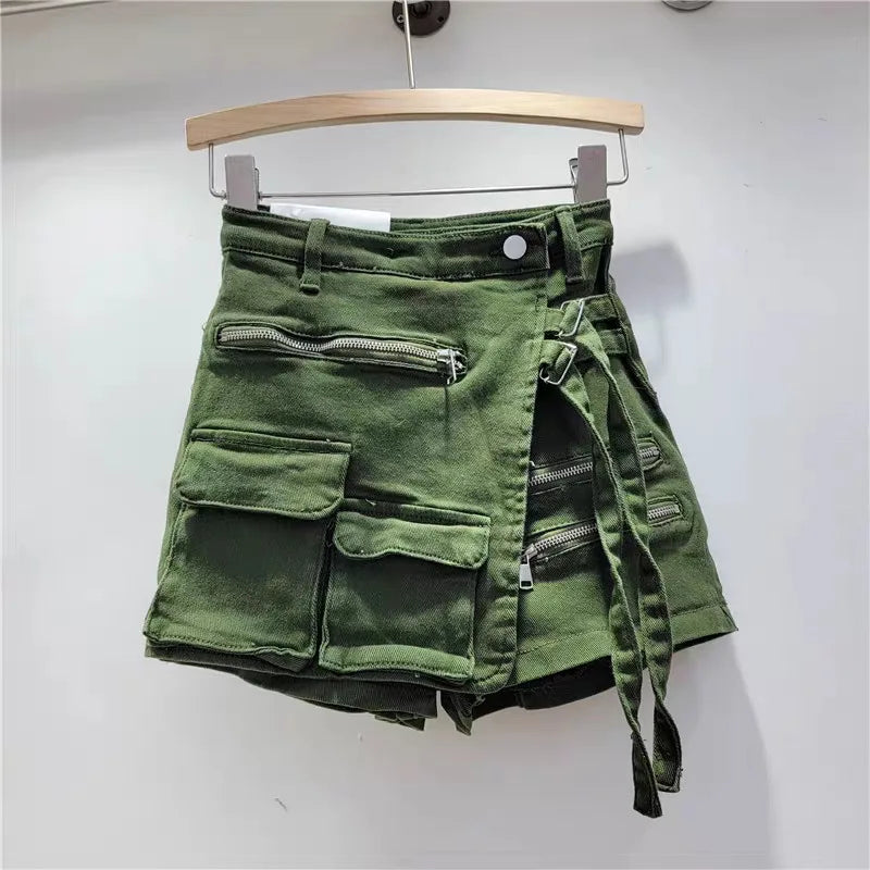 Irregular multi-pocket tooling A-word shorts women's loose wide-leg pants 2024 summer strap-on denim skirt pants