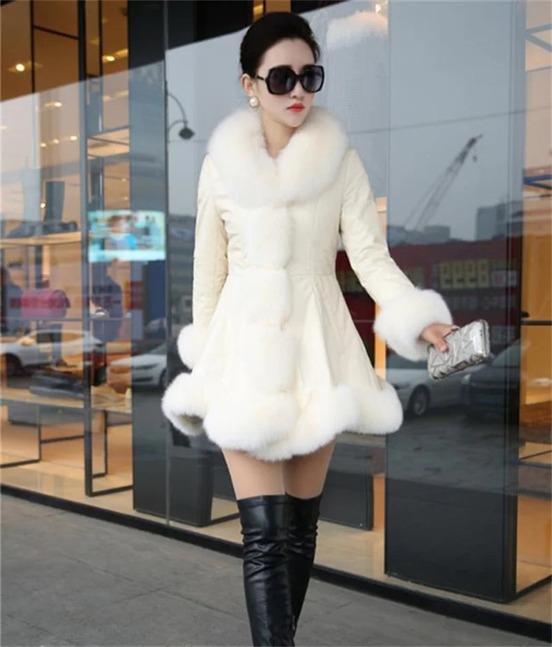 Size 6XL Women's Clothing Autumn Winter Imitation Fox Fur Big Fur Collar Thick Warm Female's Leather Jacket Slim Fur Coat