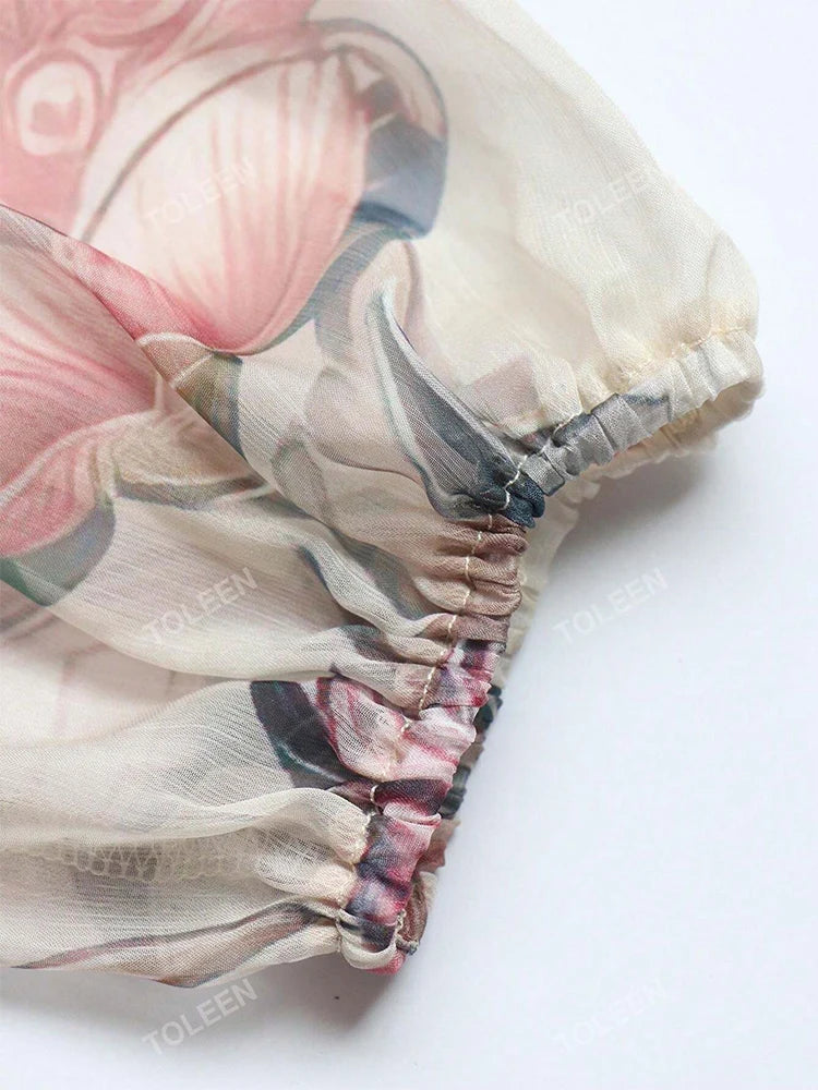 TOLEEN 2024 New in Women's Floral Allover Print Cut Out Long Sleeve High Waist Tie Back Casual Elegant Formal Summer Maxi Dress