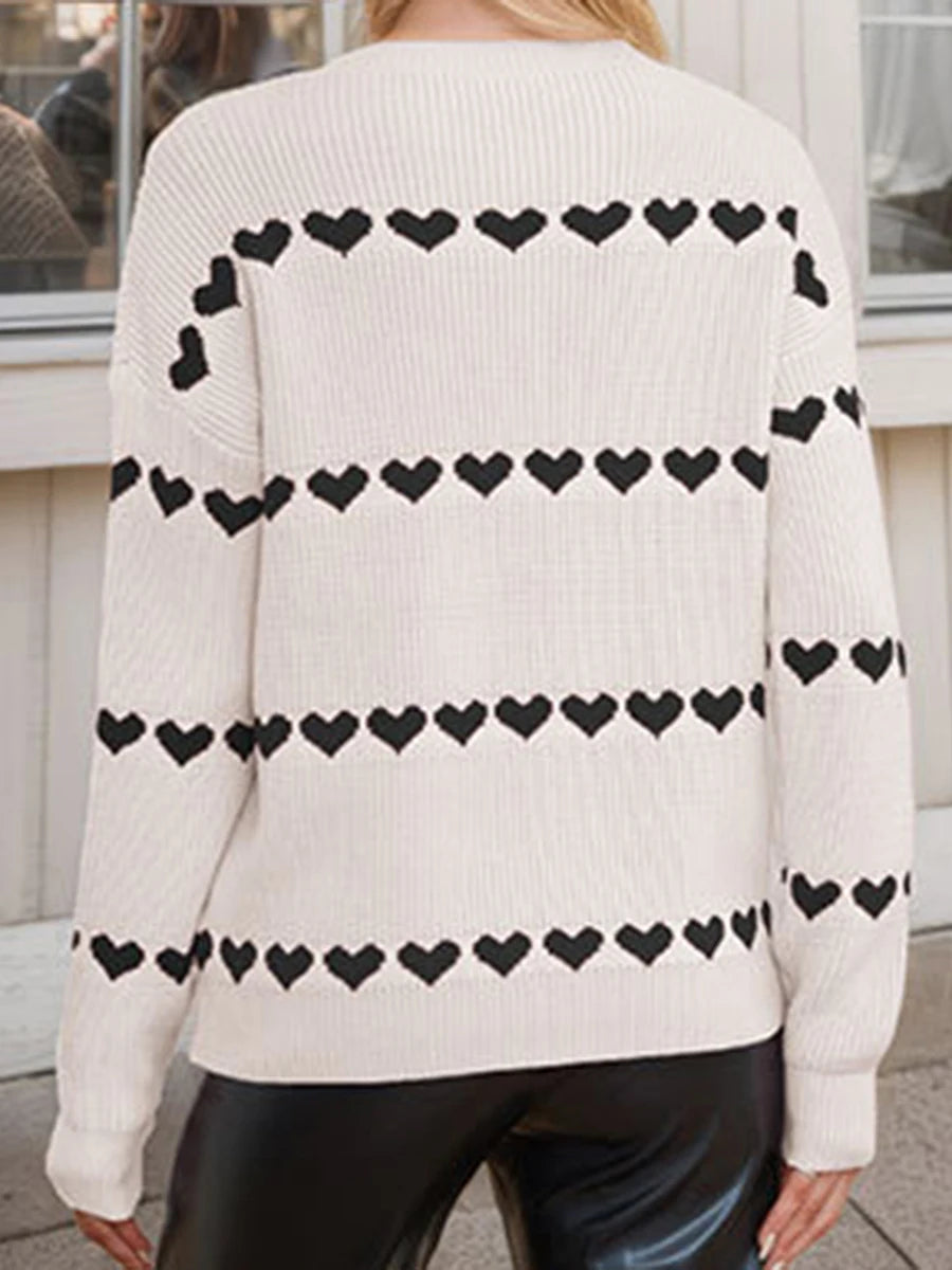 Women Valentine's Day Knit Sweater Heart Print Long Sleeve Round Neck Pullovers Fall Winter Casual Loose Knitted Jumpers Tops