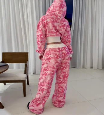 American hot girl casual pink camouflage versatile short slim zipper hooded sweatshirt loose straight sweatpants two-piece set