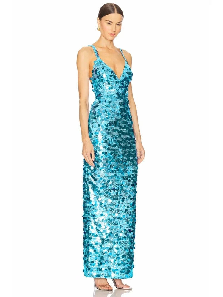 2025 New Sexy Straps Deep V Neck Blue Sequins Long Dress Women Sleeveless Backless Bodycon Dress Evening Party Cocktail Gown
