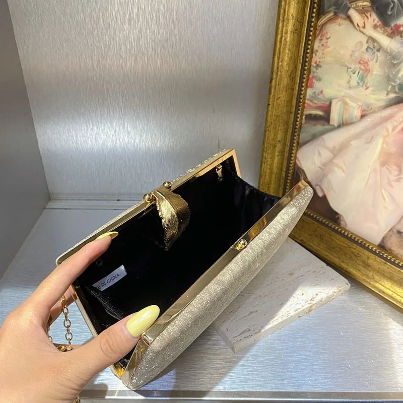 Gold Leaf Evening Clutch Handbag With Chain for Women