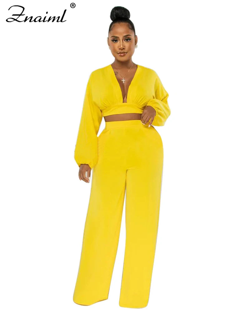 Znaiml Casual Green Two 2 Pieces Wide Leg Pants Sets Women‘s Long Sleeve Deep V-neck Crop Tops and Trousers Birthday Club Outfit