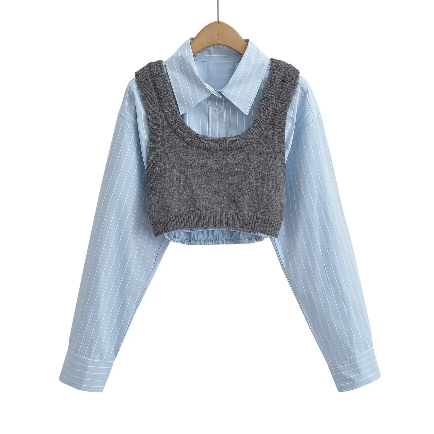 Joskaa Women Lapel Long Sleeve Single Breasted Cropped Shirt with Knitted Vest 2 Piece Set 2024 Summer Fashion Tops Streetwear