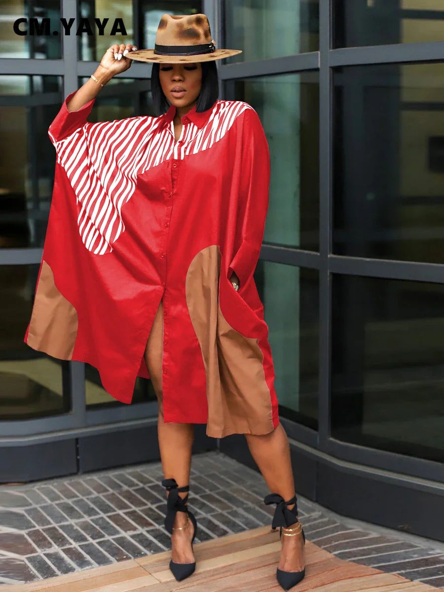 CM.YAYA Elegant Patchwork Women Long Sleeve Single Breasted Loose Shirt Dress Street Fashion Slim Striped Smock INS Dresses