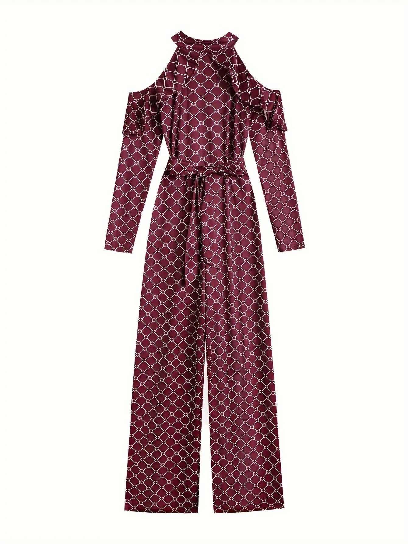 Plaid Print Rompers Womens Jumpsuit Off Shoulder Ruffles Long Sleeve Bandage Overall Elegant Belted Plus Size Wide Leg Bodysuit