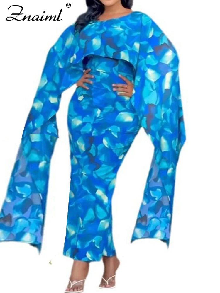 Znaiml Elegant Women Long Sleeve Floral Print Boho Blue Maxi Dress Fall Sexy Evening Birthday Party Beach Club Prom Vestidos New