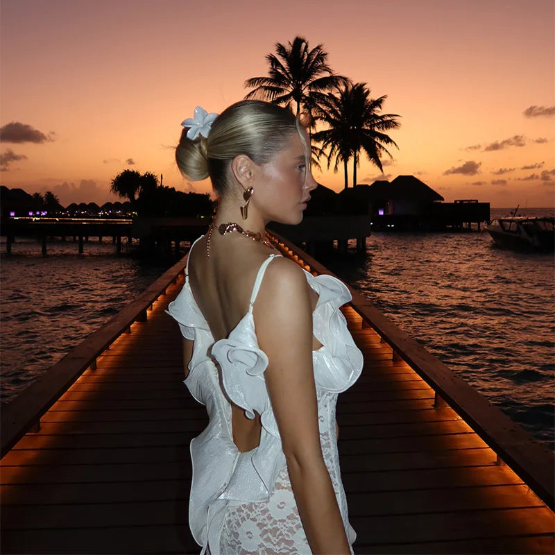 Chic Knit Hollow Out Maxi Dress Ruffles Edge Off Shoulder Party Long Robes Side Hem High Fork Club Vestidos 2025 Women Vestidos