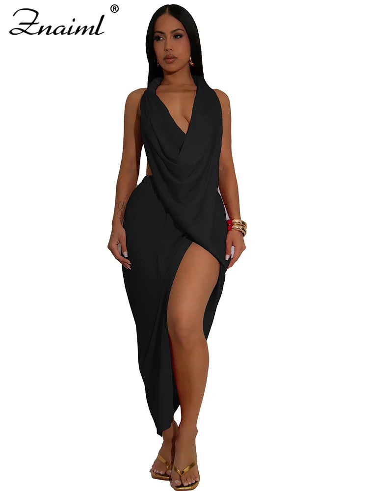 Znaiml Sexy Sleeveless Backless Halter Side Split Deep V-Neck Bodycon Dress Elegant Women Birthday Midnight Party Club Vestidos