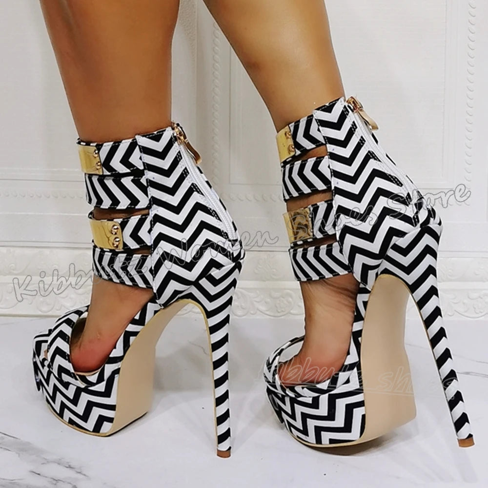 Striped Sandals Metal Decor Platform Round Toe Thin High Heels Fashion Luxury Elegant Concise Sexy Party Wedding Women Shoes New