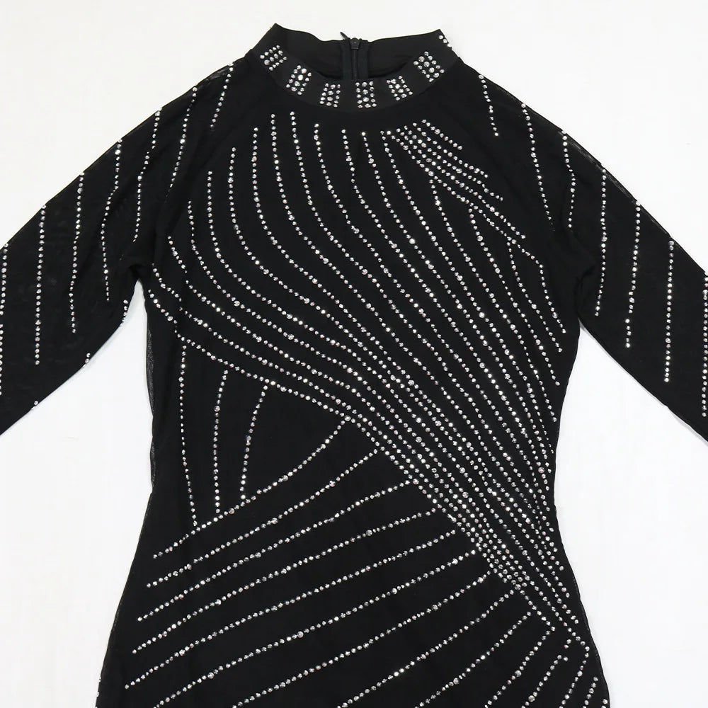 CM.YAYA Women Diamonds Hot Rhinestones Long Sleeve Bodycon Midi Dress 2024 Fall O-neck Evening Club Sexy Party Dresses Vestidos