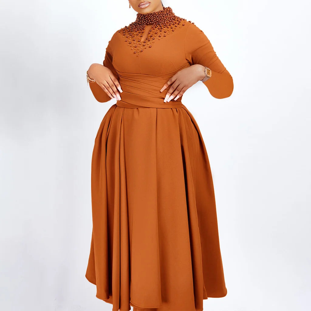 Fashionable High-collar Elegant Embroidered Large Dress Women Waist-shaping African Dress Trendy Plain Pattern Long Skirt
