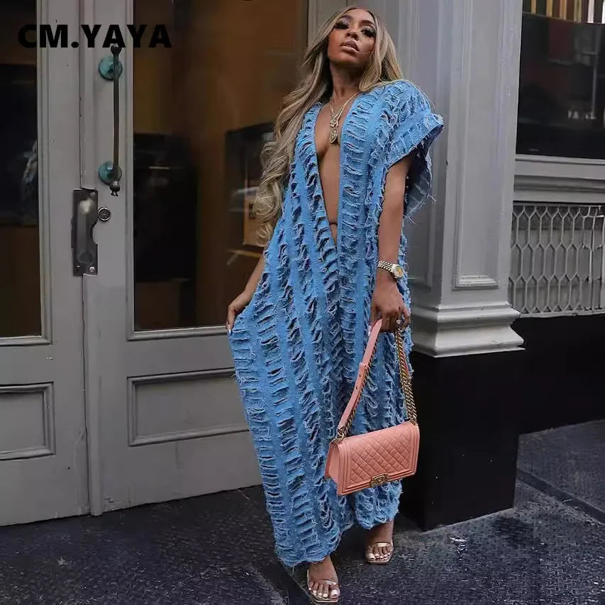 CM.YAYA Women Cutout Hollow Out Deep V-neck Loose Straight Wide Leg Denim Jumpsuit Jeans 2024 Sexy Street  One Piece Suit Romper