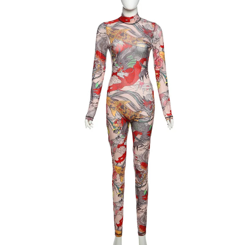 Joskaa Colorful Print Mesh Backless Jumpsuit Women Sexy See Through Full Sleeve Skinny Overalls 2025 Coquette Midnight Clubwear