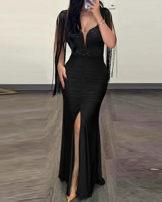 Evening Dresses Women Clothes Fashion Rhinestone Cold Shoulder Slit Ruched Party Elegant Long Bodycon Dress Summer 2024 New