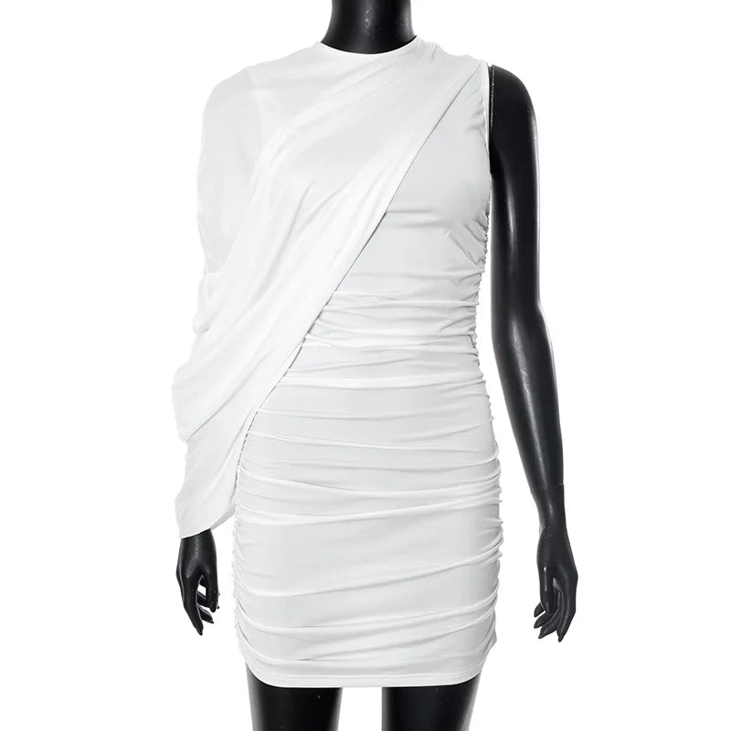 Joskaa Elegant Pleated O-Neck Asymmetric Single Sleeve Body-Shaping Mini Dresses for Women 2025 Summer Holiday Party Clubwear
