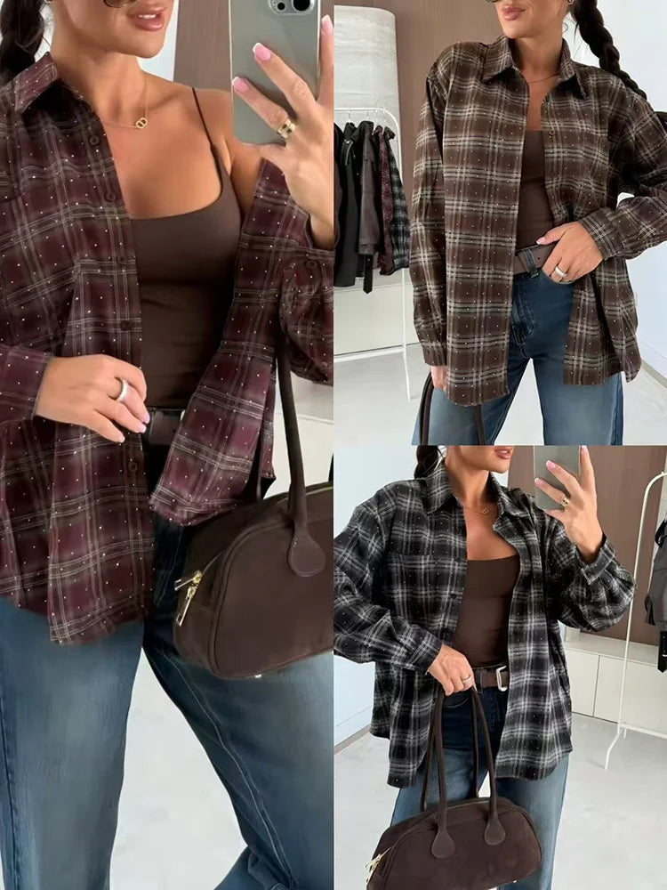 Fashion New Women's Lapel Pocket Coat Vintage Plaid Printed Long Sleeved Shirt Casual Street Wear Single Breasted Office T-shirt