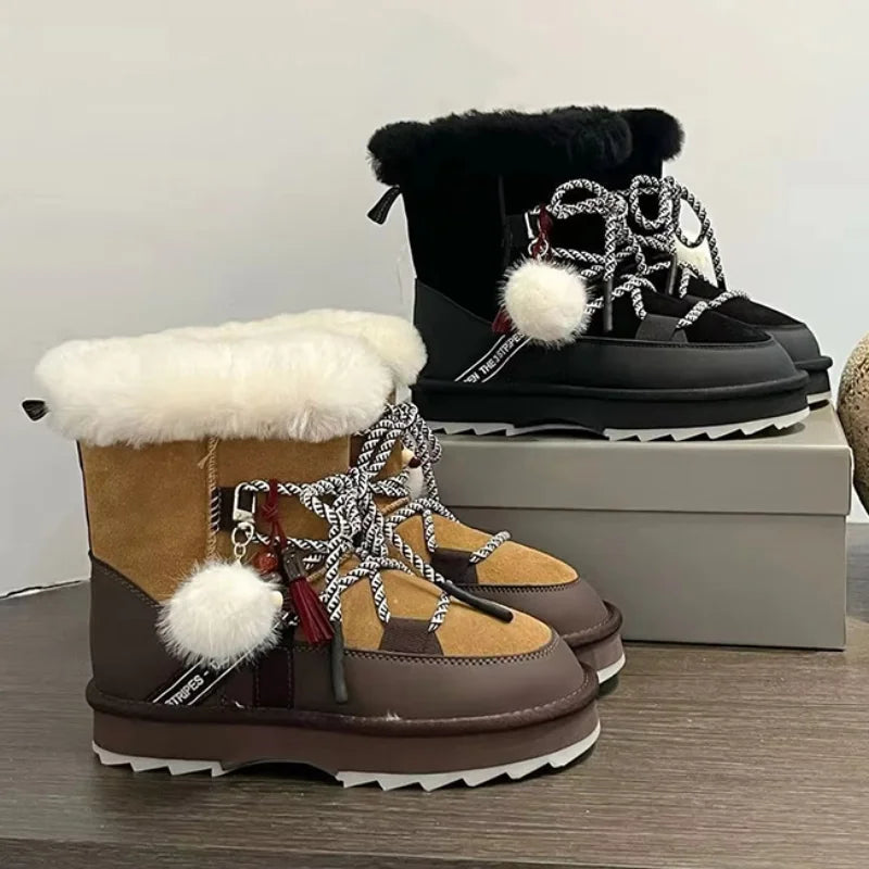 Plush Warm Snow Boots For Women Fashion Short Thick Non-slip Sports Shoes Lace-up Zipper Ankle Boots Thick Sole Shoelace Pendant
