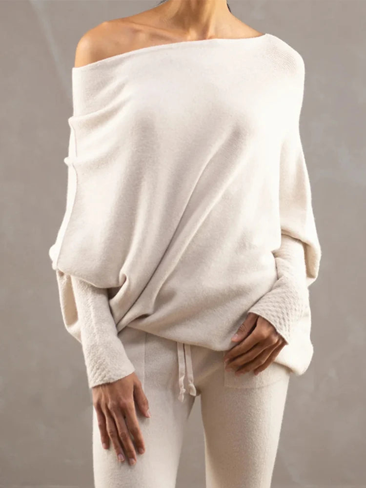 Women's Ribbed Knit Jumper Set Casual Bat Sleeve round Neck Simple Versatile Autumn Winter Knitwear 2024 New Headwear Included