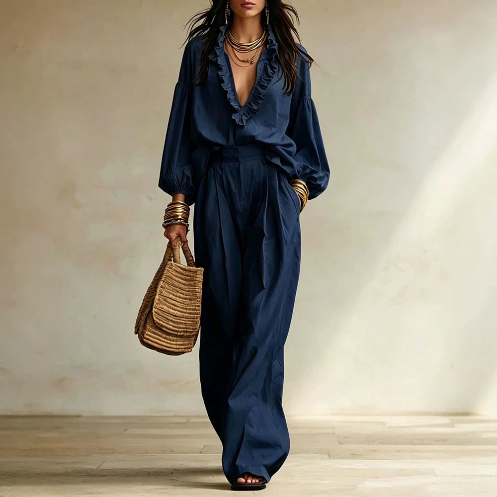 Vintage Ruffle V Neck Pleated Wide Leg Pants Set for Women