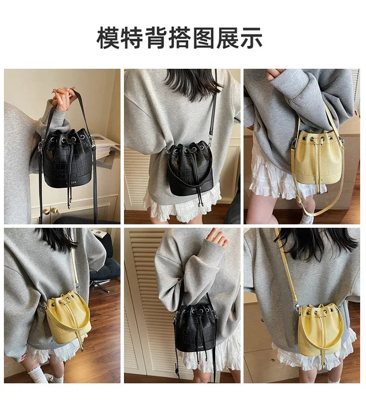 2025 New Trendy Women's Drawstring Tote Bag - Vintage Stone Texture Crossbody Satchel with Retro Minimalist Design