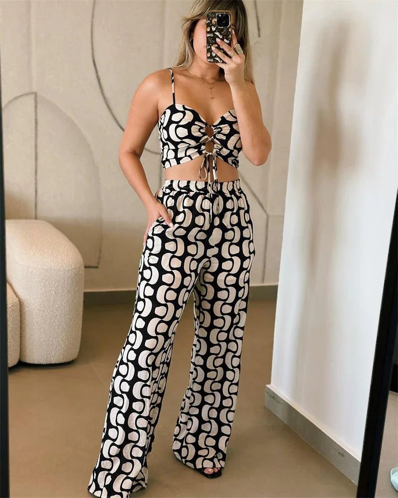 Black White Print 2 Piece Outfit Set Women Clubwear Hollow Out Spaghetti Strap Lace-up Crop Top and Wide Leg Pants Matching Sets