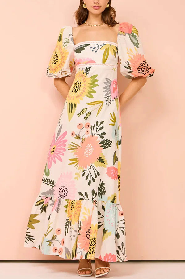 Summer Dress Elegant Women Flower Printed Maxi Dress High Waisted Short Sleeve Square Collar 2025 Summer Fashion Holiday Dresses