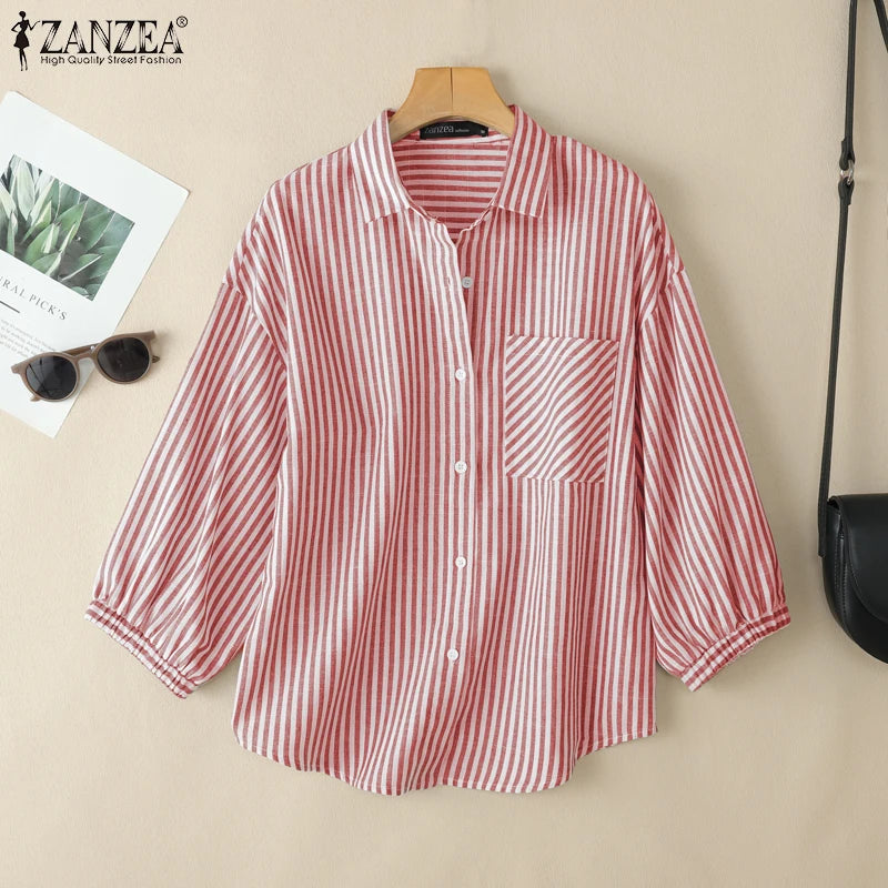 ZANZEA Women Casual Striped Shirts 2025 Summer 3/4 Lantern Sleeves Turn-Down Collar Chemises Femme Commute Office Work Tops