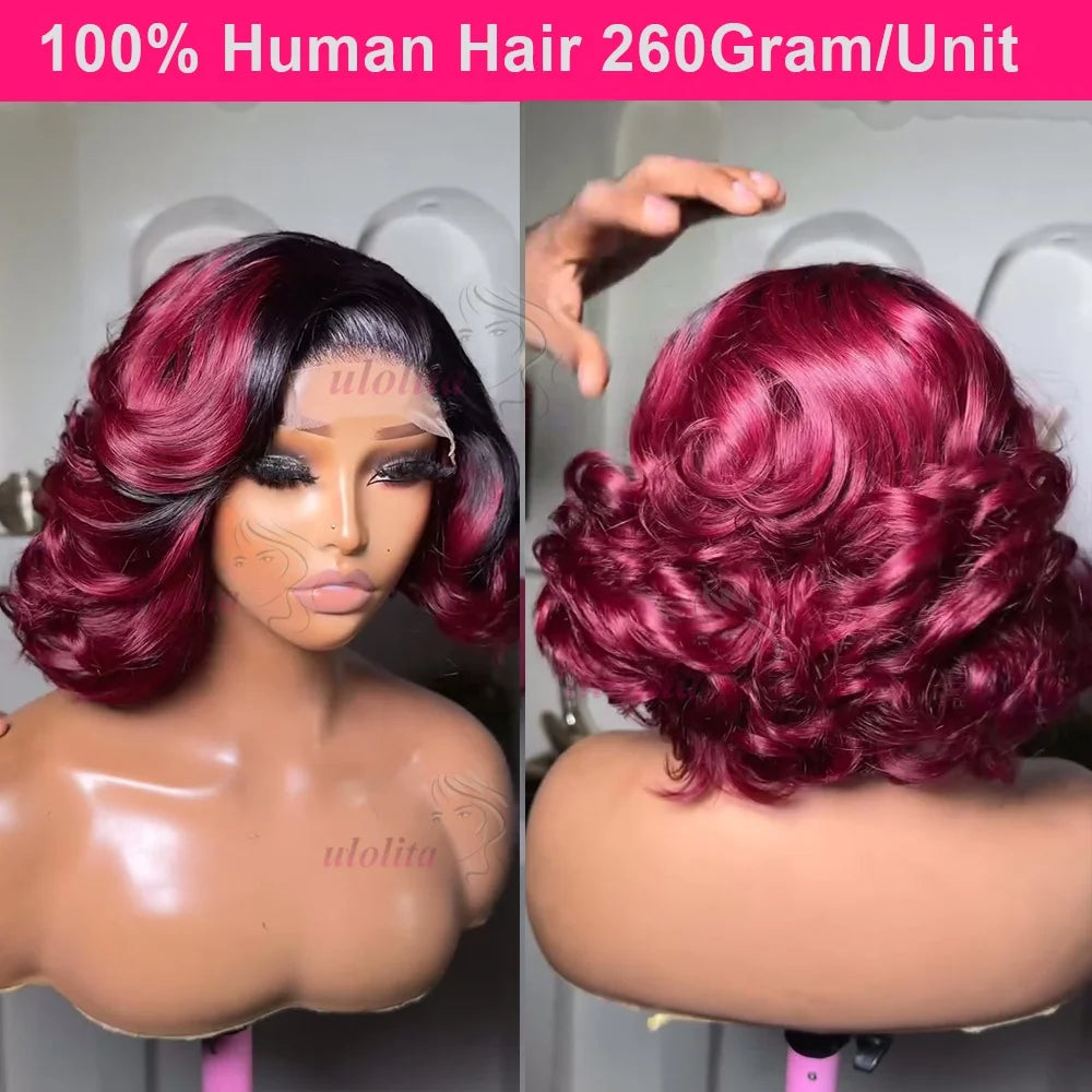 100% Raw Indian Virgin Hair Bouncy Wave 4x4 HD Lace Closure Wigs Wear and Go Ombre Chocolate brown #4 Bouncy Curly Glueless Wigs