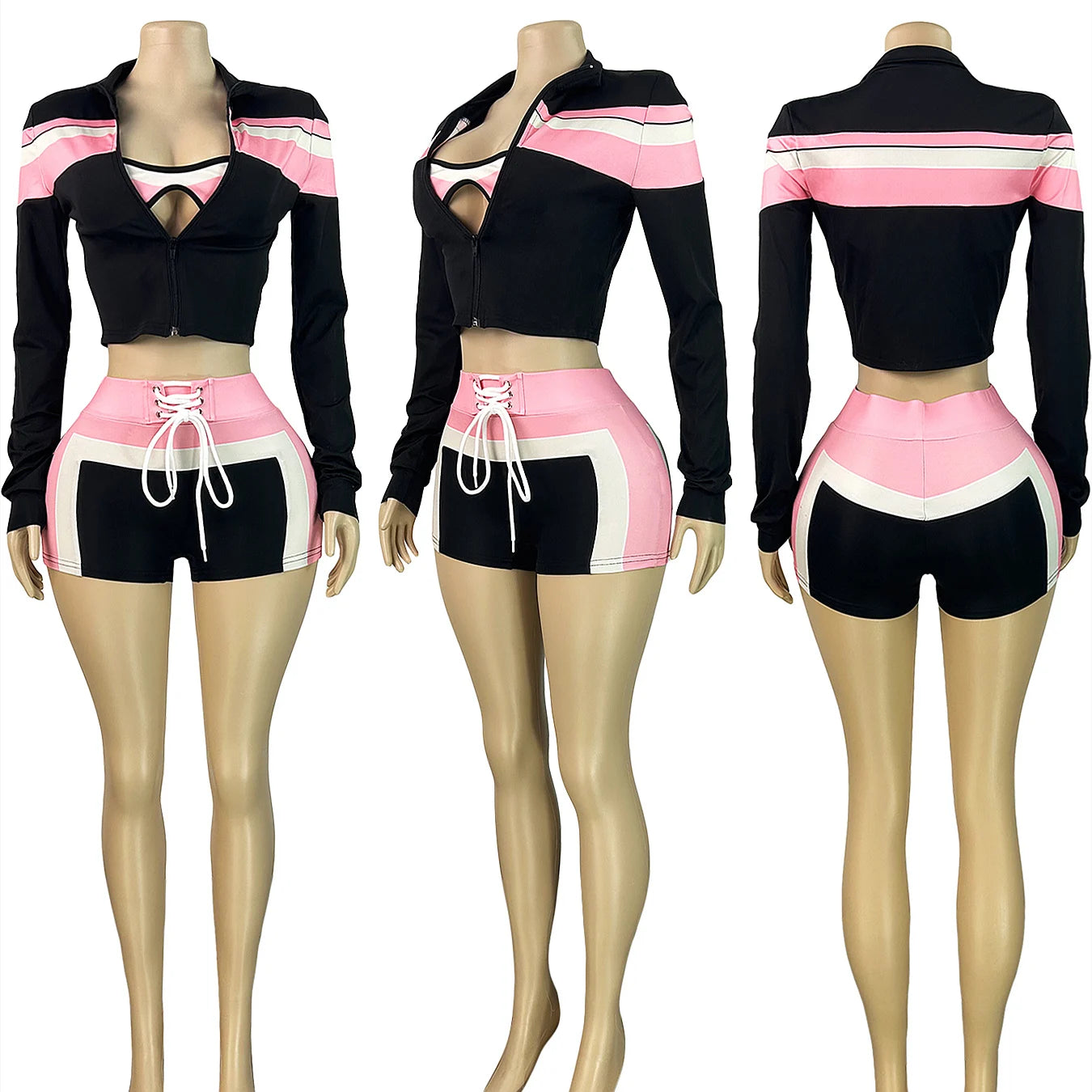 FAGADOER Sexy Sport 3 Pieces Set for Woman Color Block Long Sleeves Jacket + Tanks Top and Shorts Matching Female Beach Swimsuit