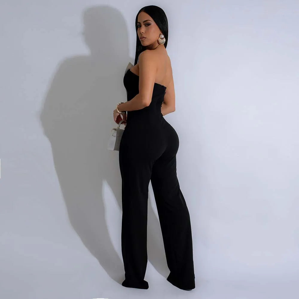 CM.YAYA Elegant Button Strapless Sleeveless Irregular Girl Jumpsuits 2025 Spring Women's Overalls Outfits Night Club One Piece