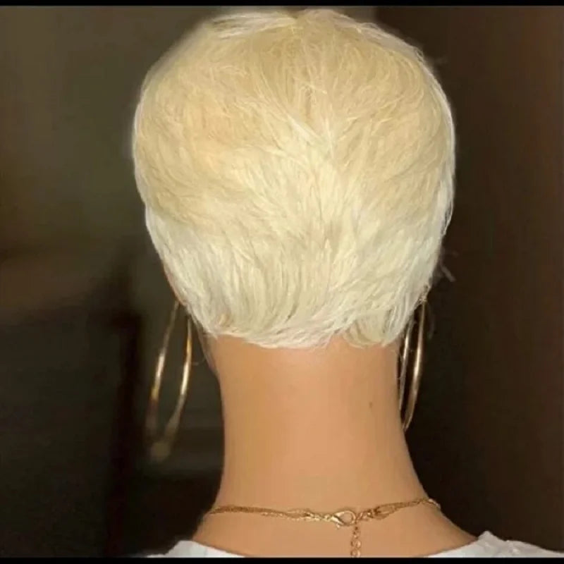 613 Honey Blonde Straight Short Pixie Bob Cut Wig With Bangs Indian Human Hair Full Machine Wig For Black Women