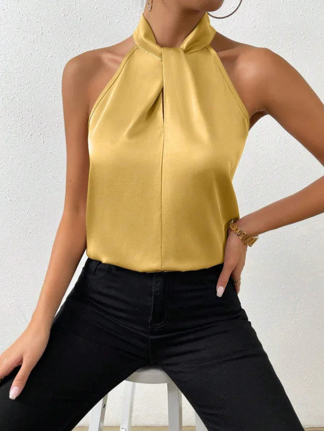 Women's Tops 2025 Summer New European and American Clothes Satin Halter Sleeveless Vest Sexy Commuting Satin Simulated Silk Top
