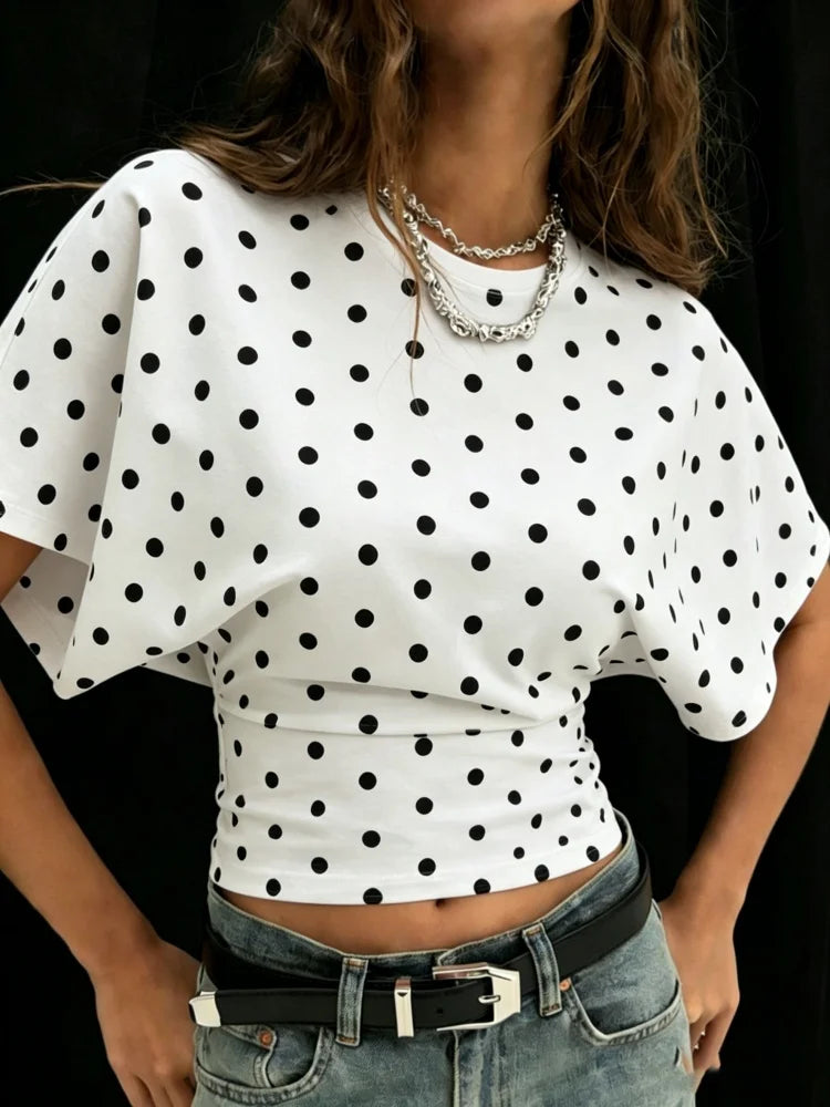Elegant Pleated Polka Dot Dolman Sleeve Crop Top for Women