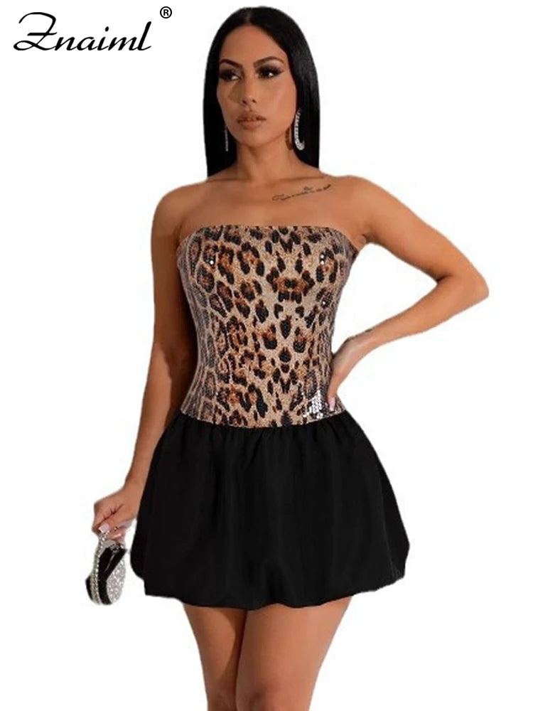 Znaiml Sexy Leopard Print Sequins Patchwork A-line Mini Dresses Woman Off Shoulder Tube Strapless Prom Night Club Short Dress