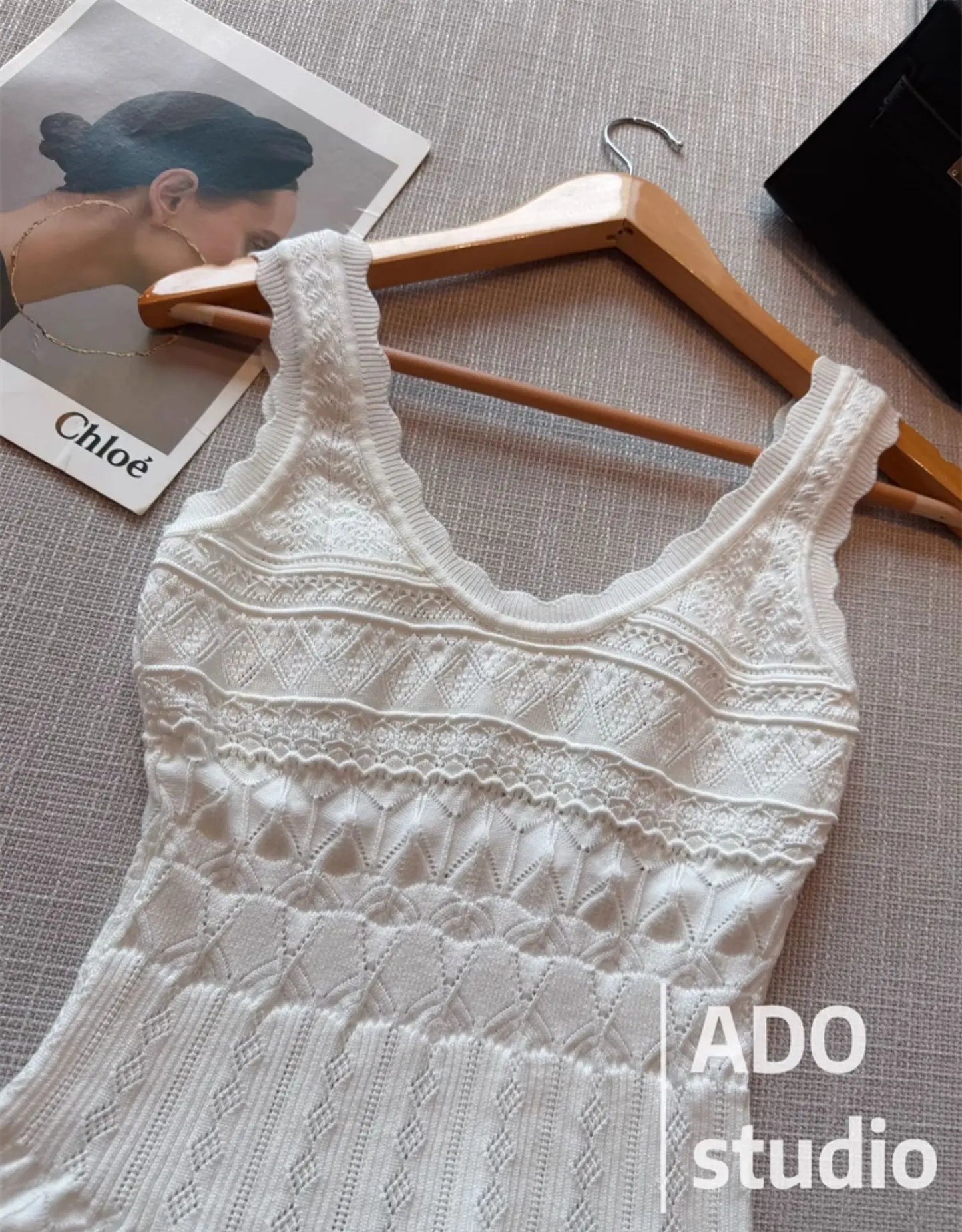 White Sweet A-line Ruffle Edge Knitted Vest Dress Women's Summer French Fashion Slim Temperament Sexy Girl Hollow Short Dress