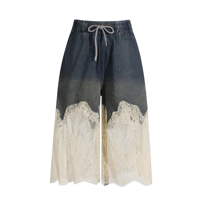 ANJY Summer New Women Y2K Streetwear Ins Fashion Sexy Hot Lace Patchwork Denim Camisole Vest Casual Drawstring Fifth Pants A7219