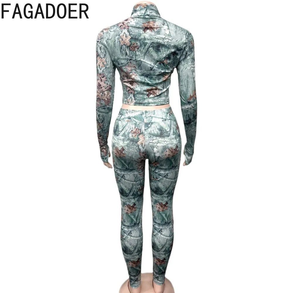 FAGADOER Y2K Fashion Pattern Printing 2 Piece Sets Woman Outfit Long Sleeve Zip Crop Top + Pants Matching Suit Female Streetwear