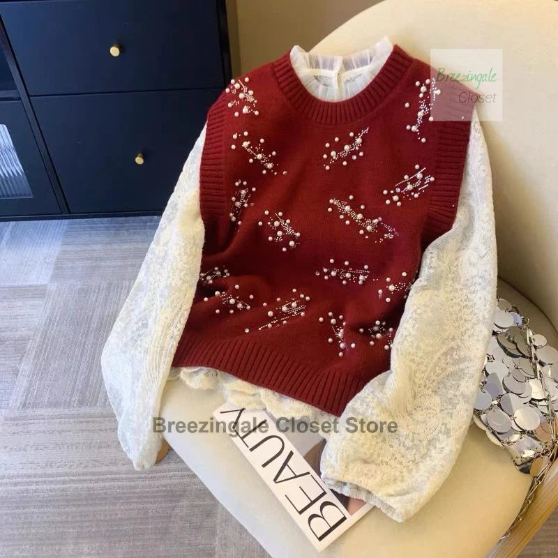 French style design nail bead inlaid diamond knitted vest for women's spring new style, sleeveless camisole top for outerwear