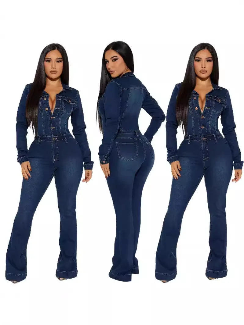 Women Fashion Solid Color Lapel Single-breasted Slim-fit Waist Long-sleeved Denim Jumpsuit Overall Pants