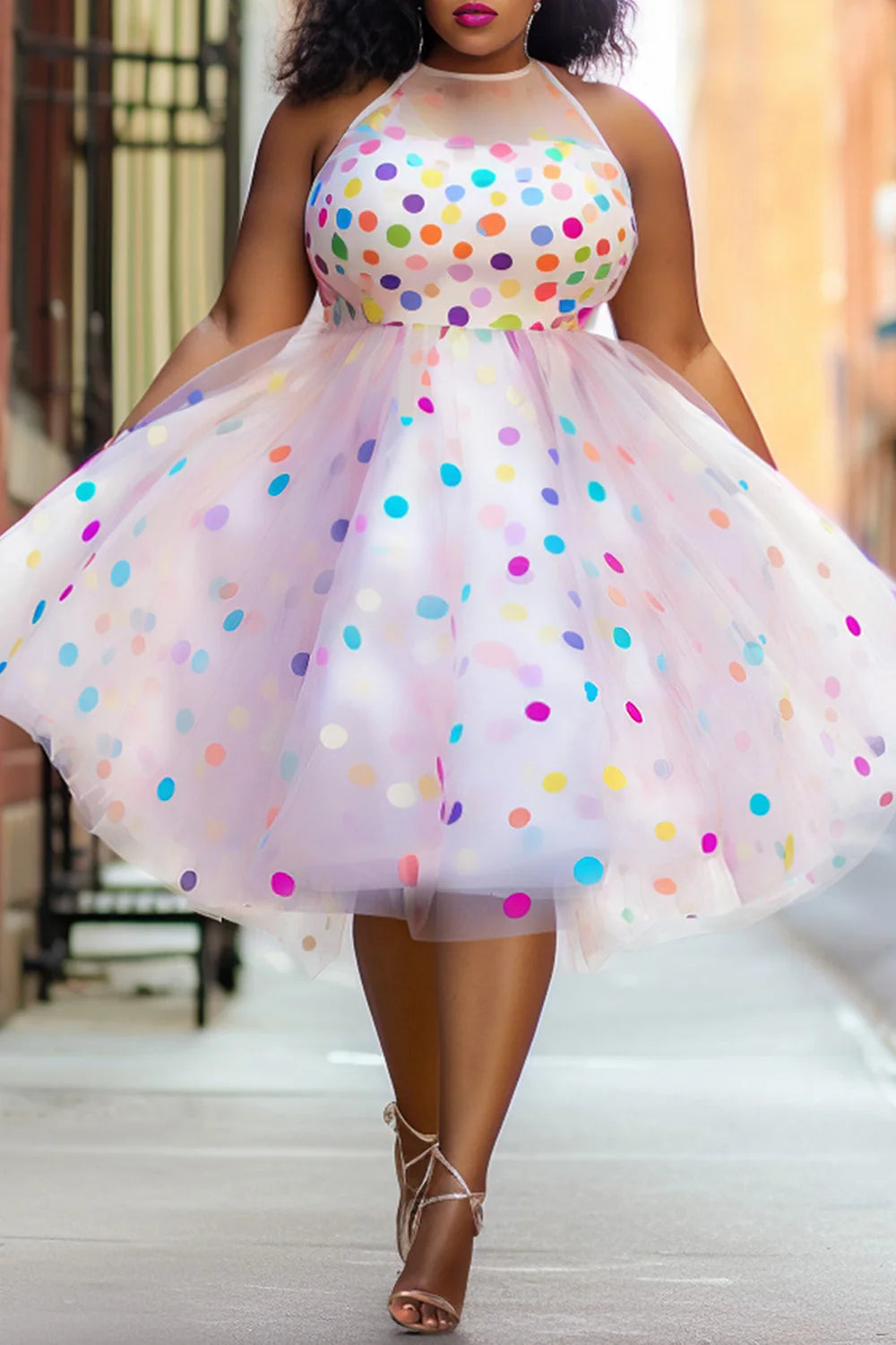 Plus Size Women's Party Pink Polka Dot Round Neck Tulle Midi Dresses